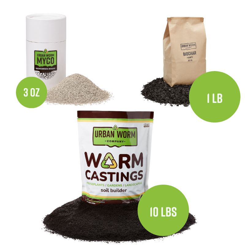 Premium Amendment Bundle including OMRI-listed worm castings, Urban Worm Biochar, and Urban Worm Myco for building healthy living soil and stronger plants.