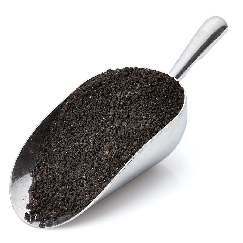 Metal scoop filled with premium organic worm castings, a nutrient-rich soil amendment that improves soil biology, beneficial microbes, water retention, root development, and plant growth.