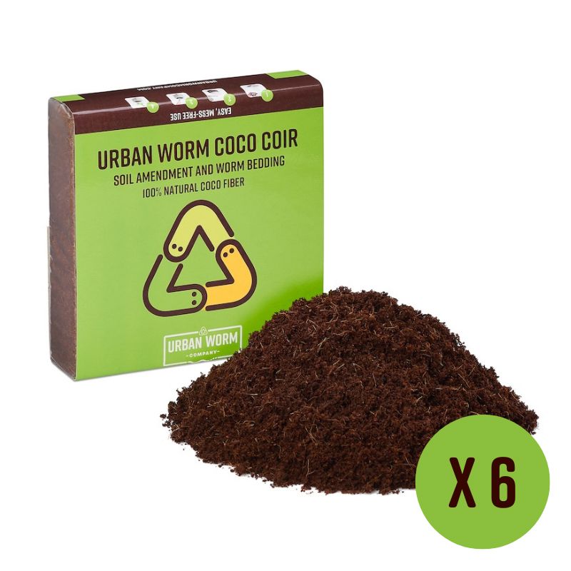 Urban Worm Coco Coir 6-Pack compressed coconut coir bricks for worm bedding, vermicomposting, seed starting, and organic soil improvement.