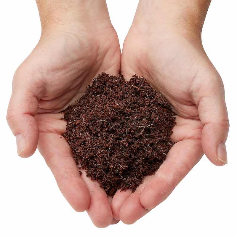 Hands holding expanded Urban Worm Coco Coir made from natural coconut fiber for worm bedding, seed starting, and organic soil improvement.
