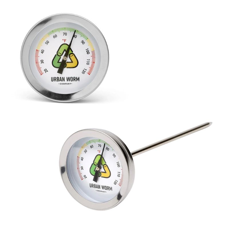 Urban Worm Thermometer shown in front and angled views with a stainless steel probe for monitoring soil, compost, and worm bin temperatures.
