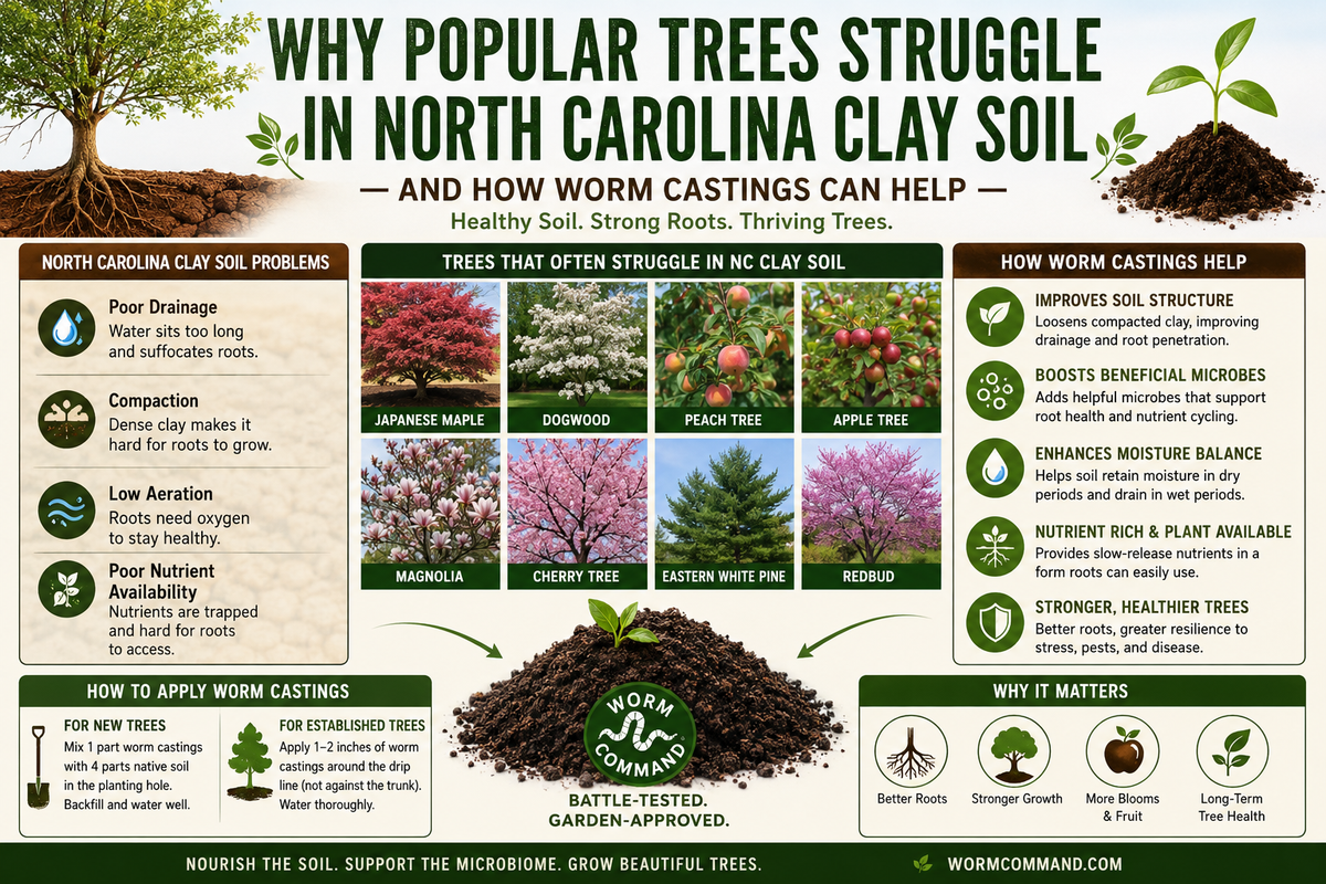 Why Popular Trees Struggle in North Carolina Clay Soil (And How Worm Castings Can Help)