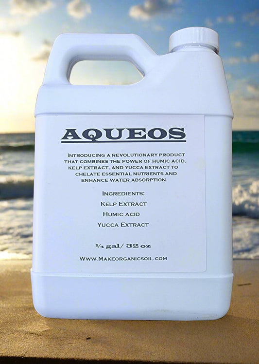 Bottle of Aqueous Liquid by The Soil Makers, an organic liquid supplement made with humic acid, kelp extract, and yucca extract to improve nutrient uptake, water absorption, root growth, and soil biology for hydroponic and soil-grown plants.