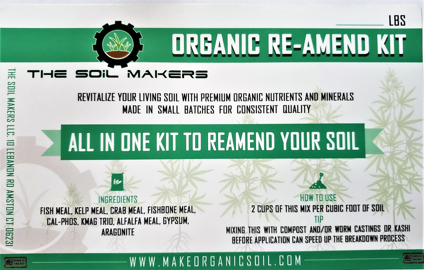 The Soil Makers Organic Re-Amend Kit, a premium organic soil amendment blend made with fish meal, kelp meal, crab meal, fish bone meal, K-Mag, alfalfa meal, gypsum, and aragonite to recharge living soil, raised beds, and container gardens.