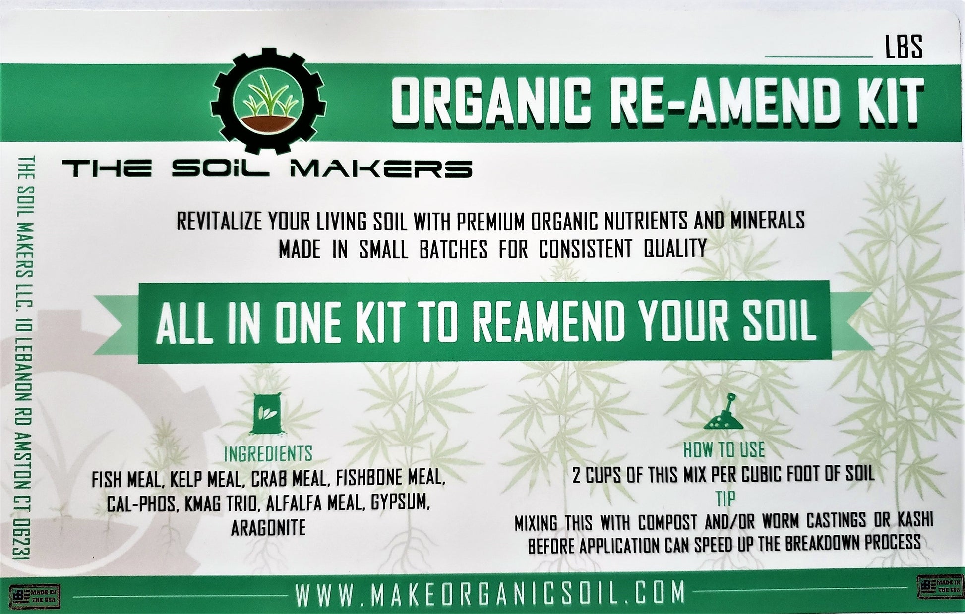 The Soil Makers Organic Re-Amend Kit, a premium organic soil amendment blend made with fish meal, kelp meal, crab meal, fish bone meal, K-Mag, alfalfa meal, gypsum, and aragonite to recharge living soil, raised beds, and container gardens.