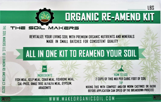 The Soil Makers Organic Re-Amend Kit, a premium organic soil amendment blend made with fish meal, kelp meal, crab meal, fish bone meal, K-Mag, alfalfa meal, gypsum, and aragonite to recharge living soil, raised beds, and container gardens.