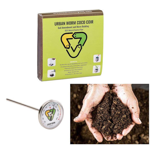 Coco coir, premium worm castings, and soil thermometer bundle for improving soil health, water retention, beneficial microbes, composting, and organic gardening.