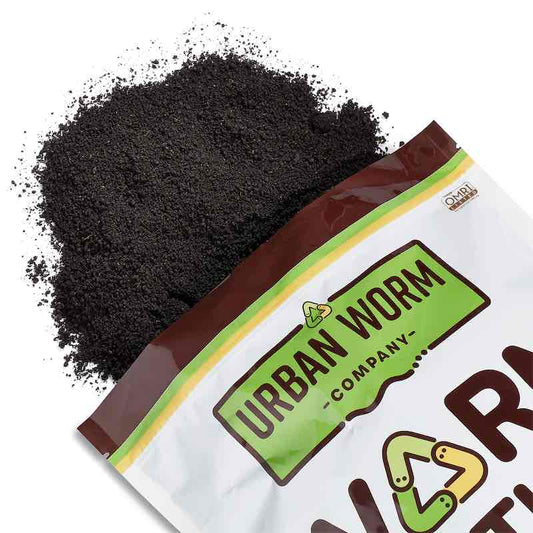 Close-up of Urban Worm Company organic worm castings showing their fine texture and nutrient-rich soil amendment for healthier plants and living soil.