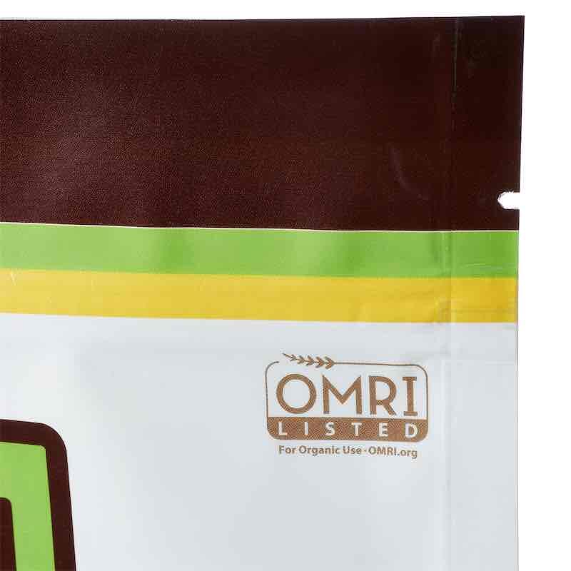 Close-up of the OMRI Listed certification on Urban Worm Company organic worm castings approved for organic gardening and soil improvement.