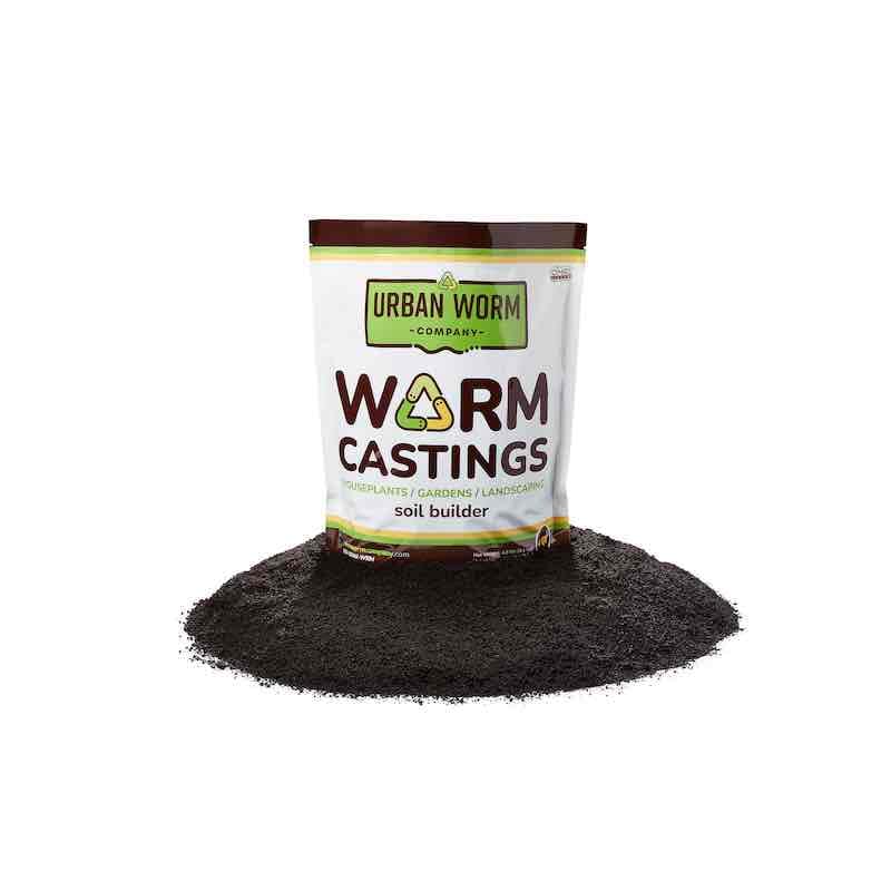Urban Worm Company organic worm castings package displayed with nutrient-rich worm castings for improving soil health, plant growth, and organic gardening.
