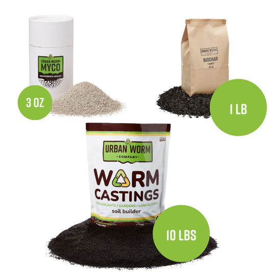 Premium Amendment Bundle including OMRI-listed worm castings, Urban Worm Biochar, and Urban Worm Myco for building healthy living soil and stronger plants.