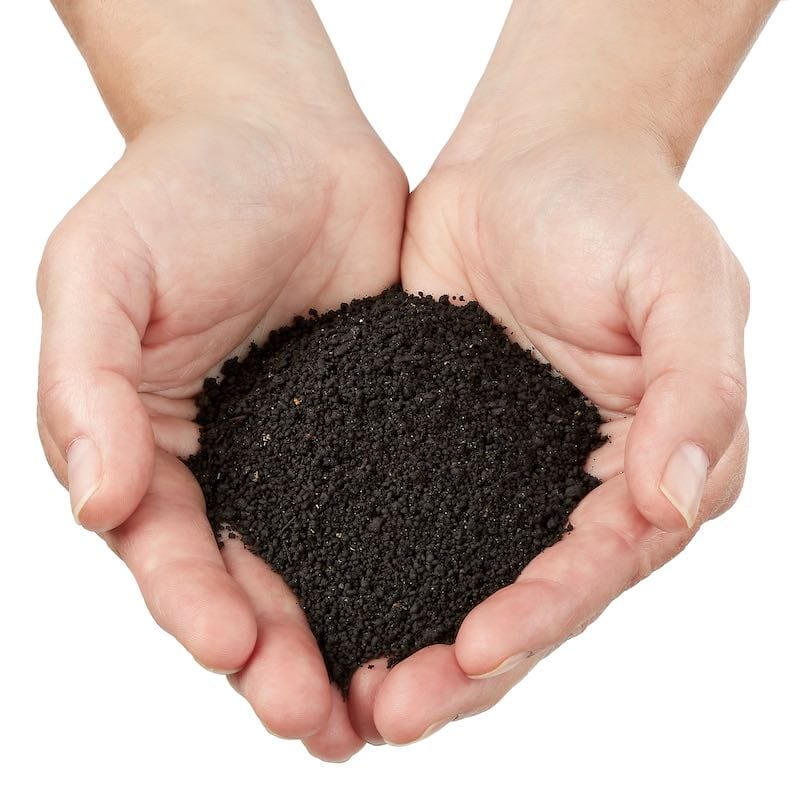Hands holding premium organic worm castings, showing the fine, nutrient-rich texture that helps improve soil health, plant growth, and beneficial microbial activity.