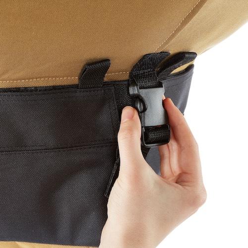 Close-up of the Urban Worm Bag Version 2 quick-release buckle used for easy harvesting of finished worm castings.