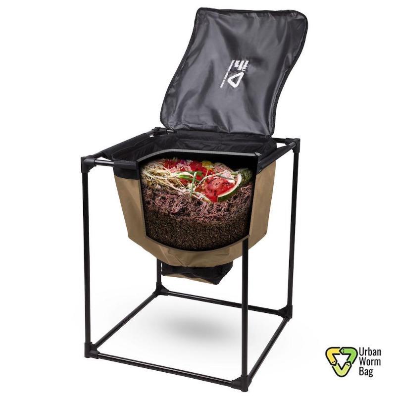 Urban Worm Bag Version 2 continuous-flow worm composter recycling food scraps into nutrient-rich worm castings for healthy living soil.