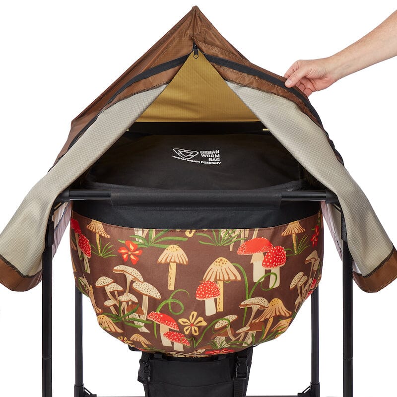 Urban Worm Bag Weather Cover opened to provide easy access to the worm bin while protecting it from rain, sun, and outdoor weather.