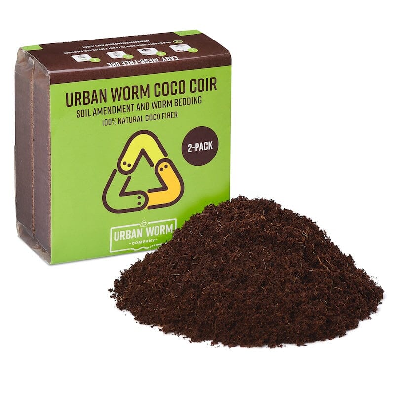 Urban Worm Coco Coir 2-Pack with expanded low-salt coconut coir for worm bedding, seed starting, potting soil mixes, raised beds, and organic gardening.