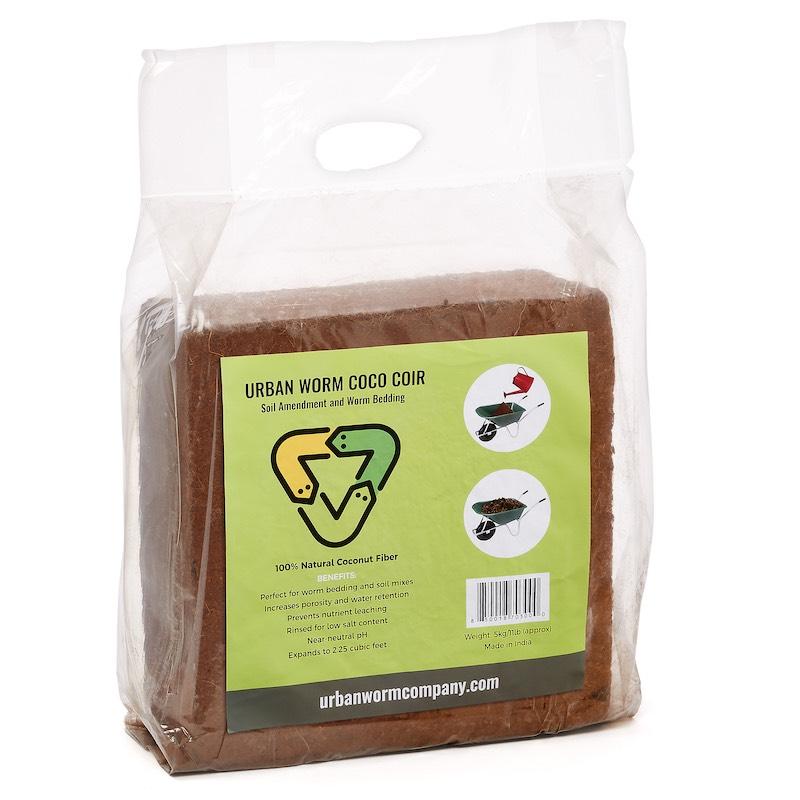 Urban Worm Coco Coir 5KG compressed coconut coir block in retail packaging for worm bedding, seed starting, vermicomposting, and organic gardening.