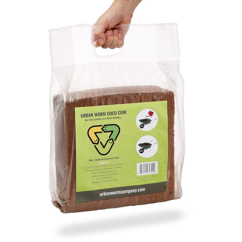 Urban Worm Coco Coir 5KG compressed coconut coir block in carry bag for worm bedding, seed starting, vermicomposting, and organic gardening.
