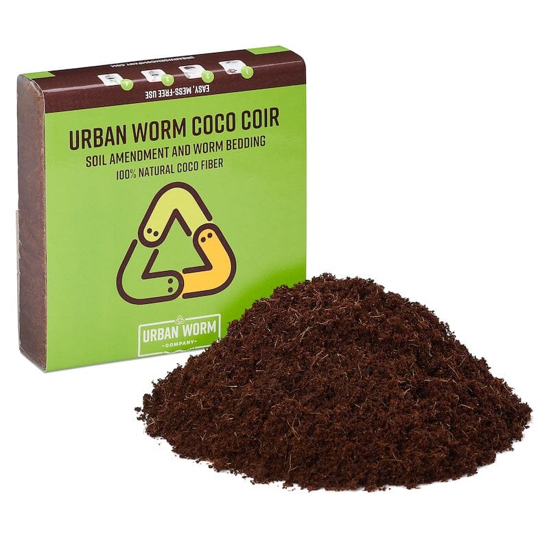 Urban Worm Coco Coir compressed coconut coir brick with expanded coco coir for worm bedding, vermicomposting, seed starting, and organic gardening.