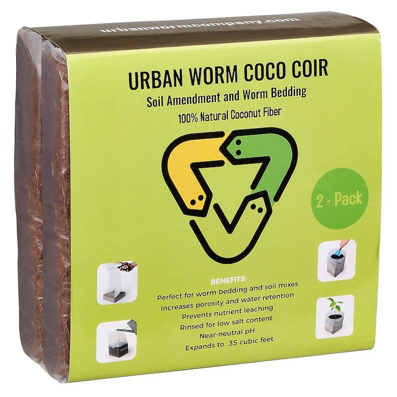 Urban Worm Coco Coir compressed coconut coir brick with expanded coco coir for worm bedding, vermicomposting, seed starting, and organic gardening.