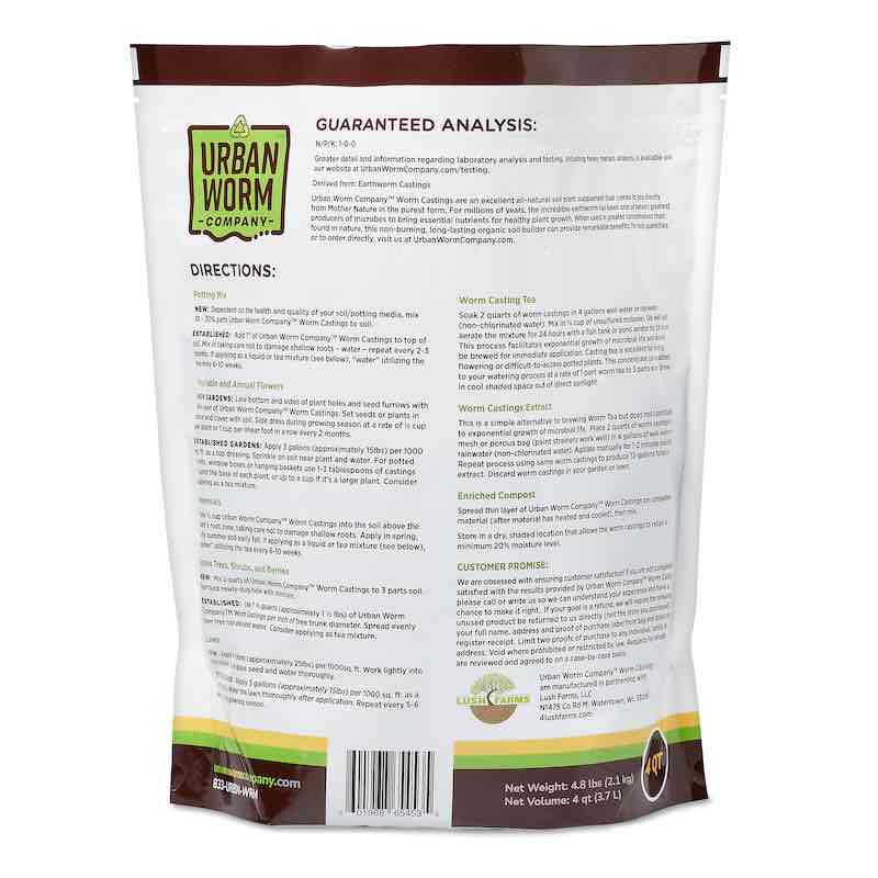 Back of Urban Worm Company Worm Castings package showing guaranteed analysis, application instructions, and usage information for organic gardening and soil improvement.