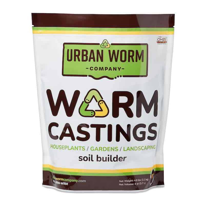 Front view of Urban Worm Company Worm Castings approved for organic use, premium soil builder for houseplants, vegetable gardens, raised beds, landscaping, and living soil.