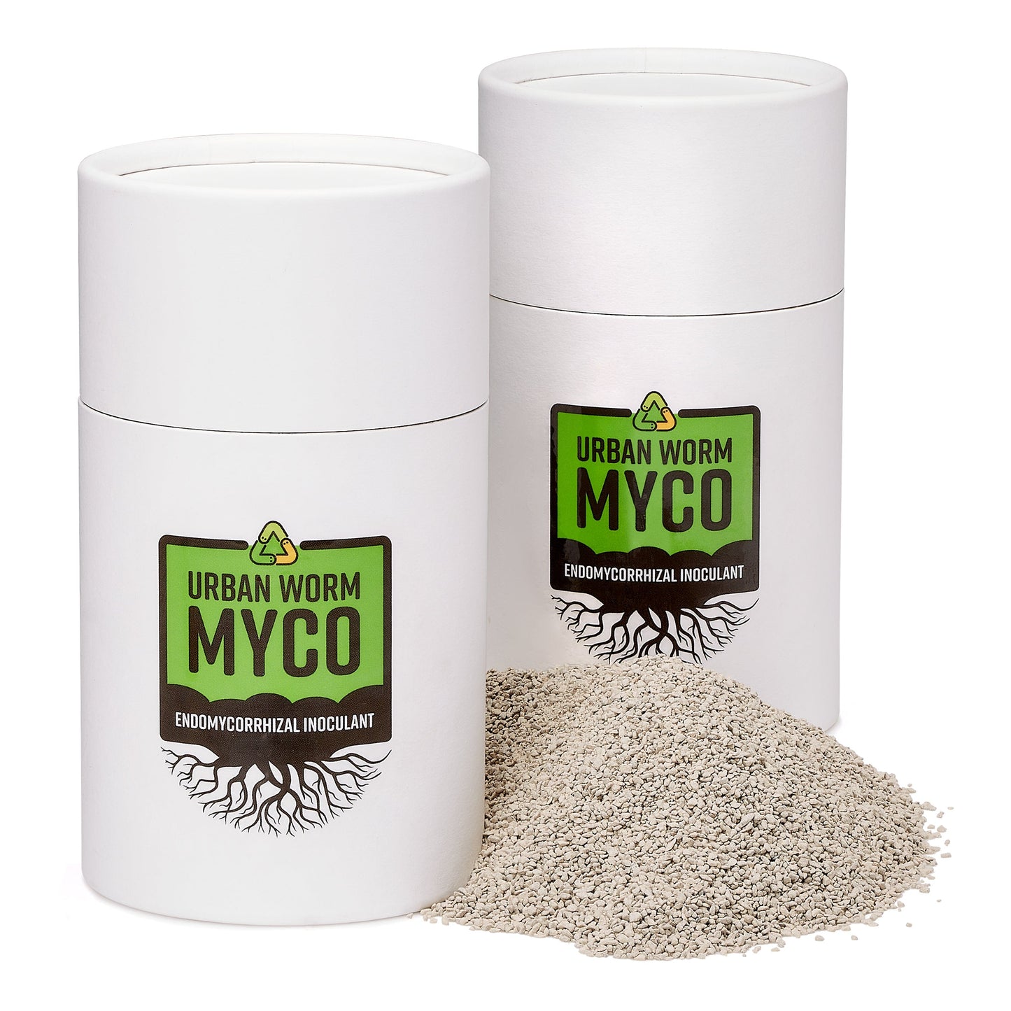 Two containers of Urban Worm Myco endomycorrhizal inoculant with beneficial mycorrhizal fungi for stronger roots, improved nutrient uptake, and healthier plant growth.