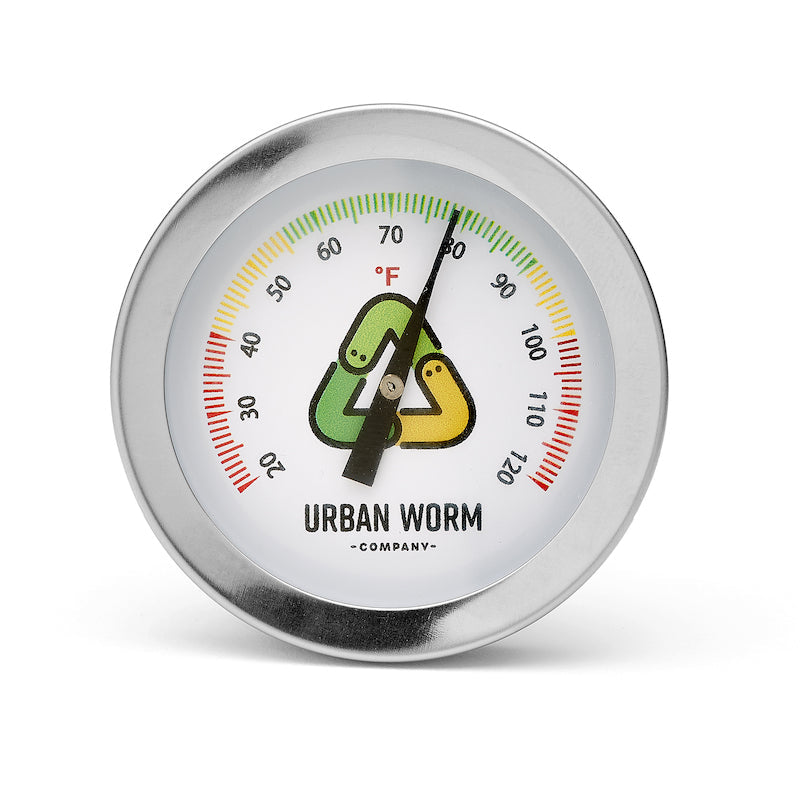 Close-up of the Urban Worm Thermometer dial with color-coded temperature zones for monitoring soil, compost, and worm bin conditions.