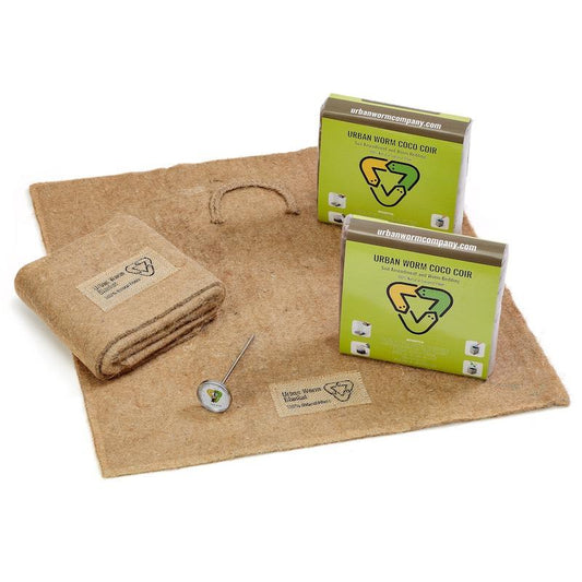 Worm Bin Accessory Bundle with coco coir bricks, natural jute worm blankets, and thermometer for healthy vermicomposting and worm bin maintenance.