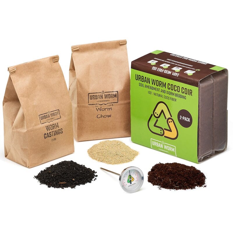 Worm Success Bundle including premium worm castings, worm chow, coco coir bedding, and a soil thermometer for healthy composting worms, vermicomposting, and organic gardening.