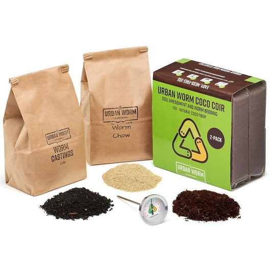 Worm Success Bundle including premium worm castings, worm chow, coco coir bedding, and a soil thermometer for healthy composting worms, vermicomposting, and organic gardening.